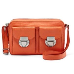 Fossil Riley Top Zip Monarch Orange Leather Crossbody Bag  Cargo Front Pockets